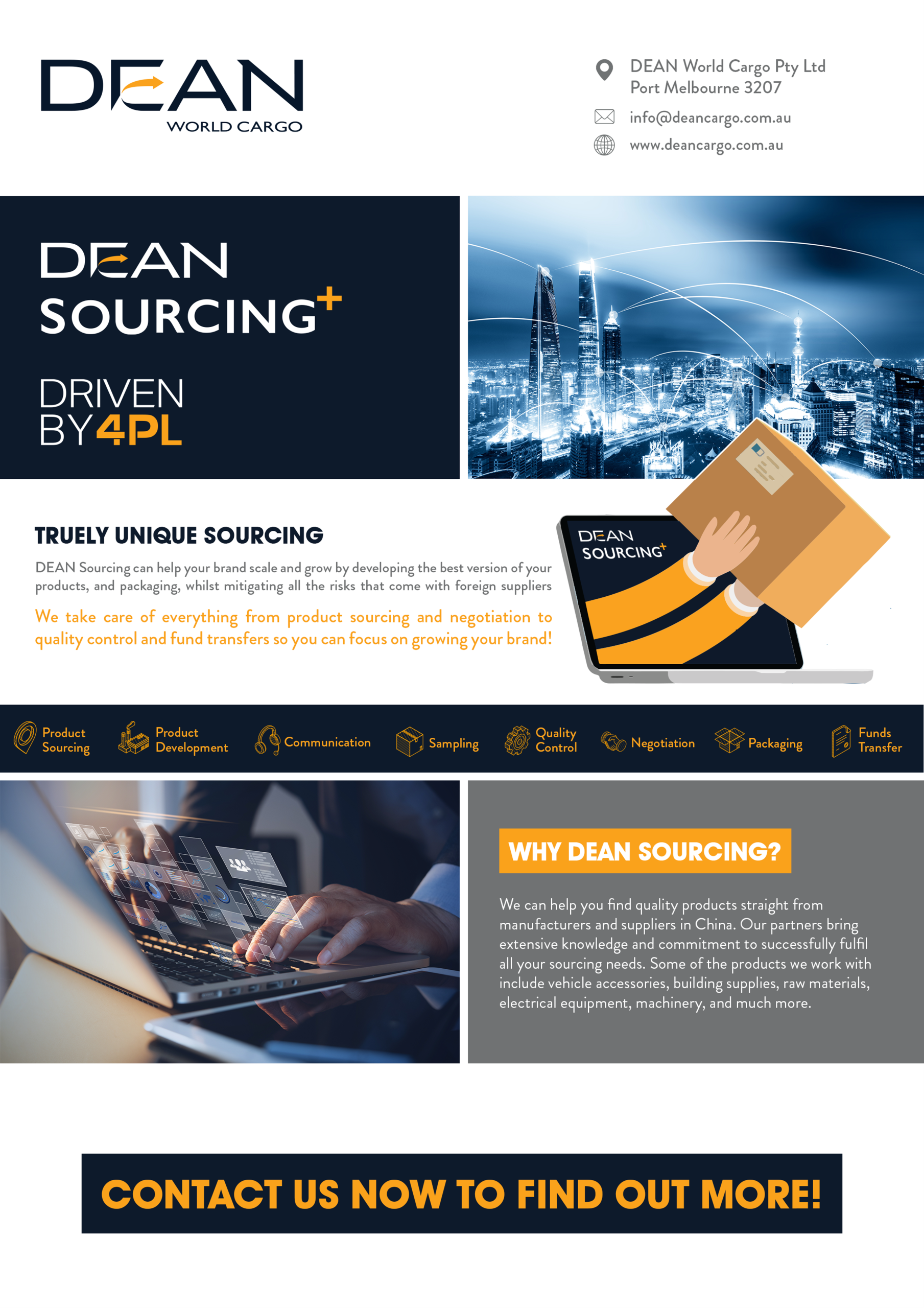 DEAN Sourcing brochure describing product sourcing and purchasing services.