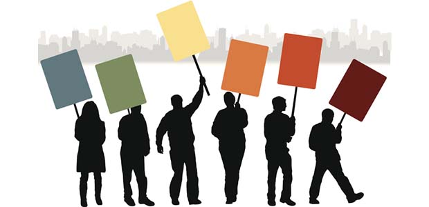 Illustration of people holding placards at a protest.