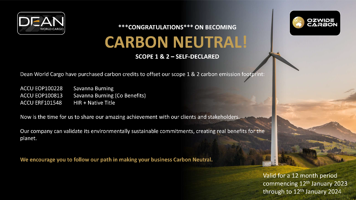 DEAN World Cargo carbon neutral announcement featuring a wind turbine.