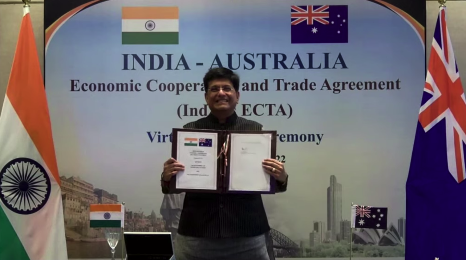 India–Australia Economic Cooperation and Trade Agreement displayed at a signing ceremony.