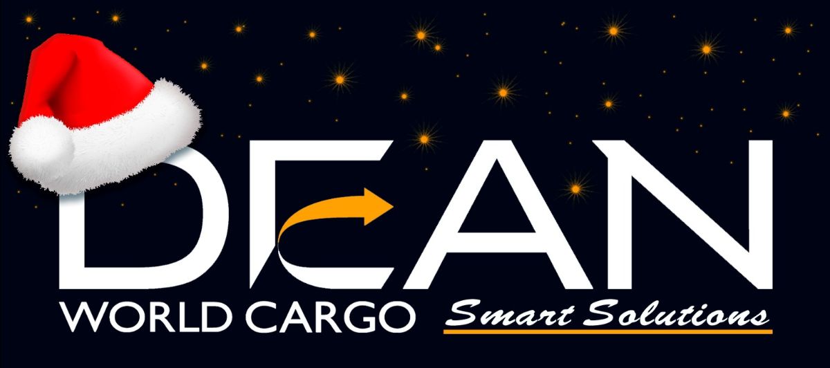 DEAN World Cargo Christmas logo with a Santa hat and stars.