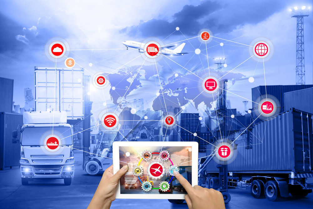 Digital logistics network illustration with a tablet, containers, truck, ship and aircraft.